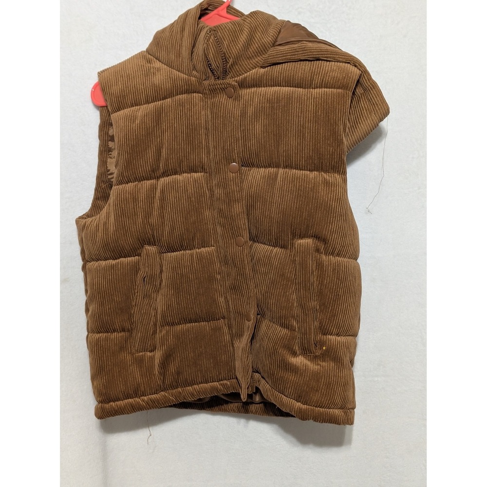 Ci Sono Womens Corduroy Puffer Vest Brown Hooded Quilted Sleeveless Jacket Large